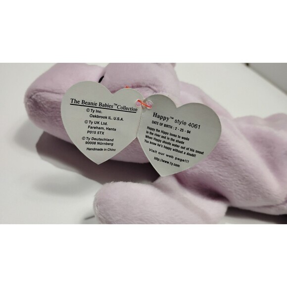 TY Original Beanie Babies 1993 Happy the Hippo 9" Purple Retired with Tags Baby - Picture 3 of 6